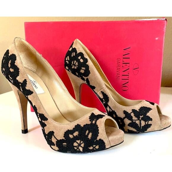 Valentino Garavani Shoes - Valentino Garavani Suede Lace Peep Toe Heels 37 Nude Black Floral Embroidery